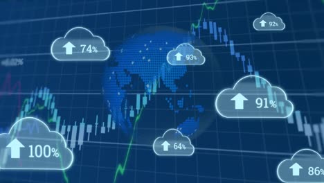 animation of clouds with growing number over globe and financial data processing