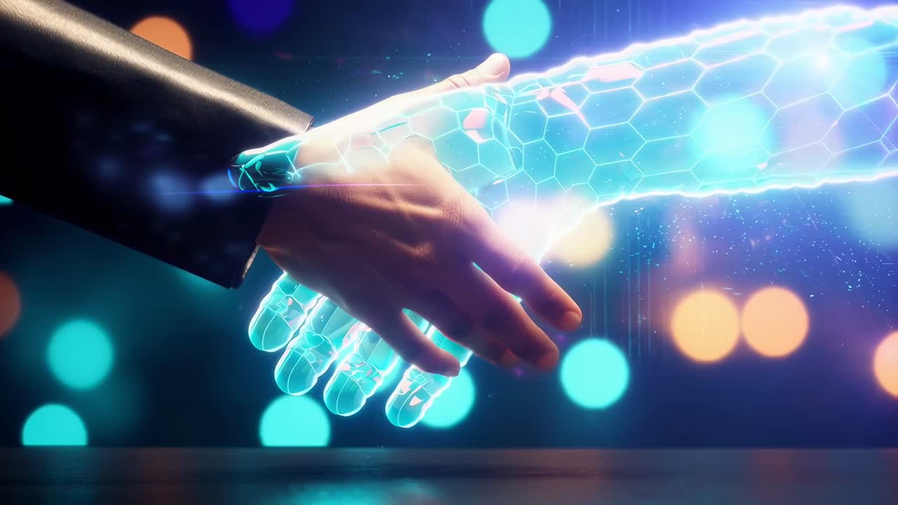 Concetto video futuristico di stretta di mano umana e digitale, angolazione laterale, stile tecnologico luminoso
