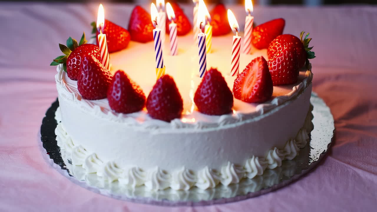 Strawberry Birthday Cake with Lit Candles