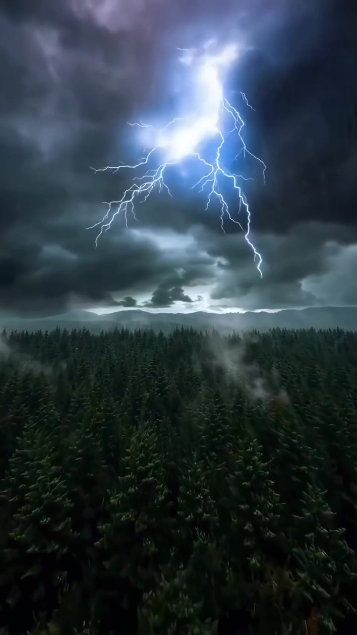 Fulmini su una scura pineta durante un temporale