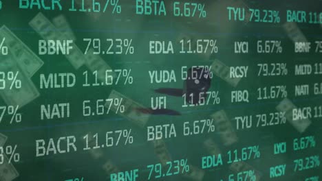 Animación-Del-Procesamiento-De-Datos-Financieros-Sobre-Dos-Dados-Y-Billetes-De-Dólares-Americanos-Sobre-Fondo-Verde