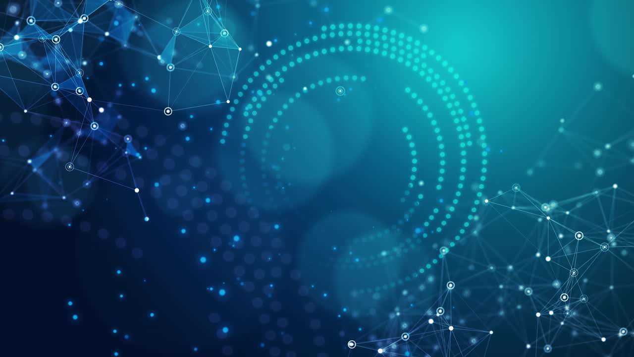 Blue abstract space background with digital connections of glowing dots and lines. Technological background with circles. Looped seamless animation.