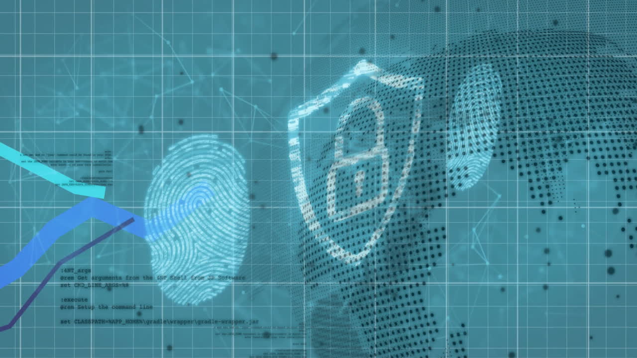 Animation of data processing and padlock with fingerprints over globe and diagrams