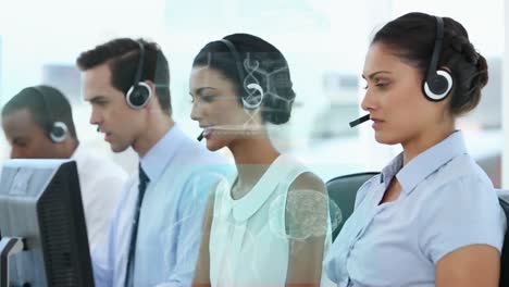 Animation-of-data-processing-over-business-people-using-phone-headsets