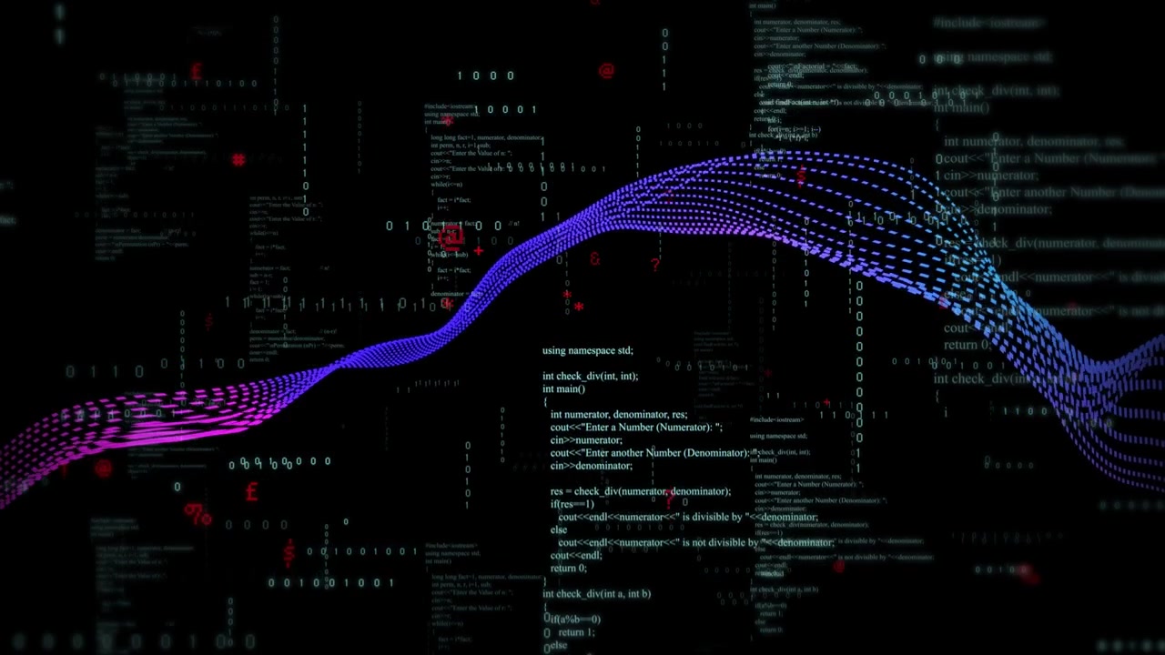 Dotted ribbon entering left edge, rolling and cresting while code scrolling, visualizing data flow