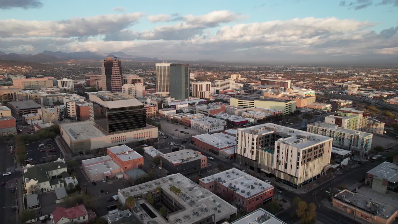 Early morning aerial of downtown Tucson, Arizona skyline, 4K