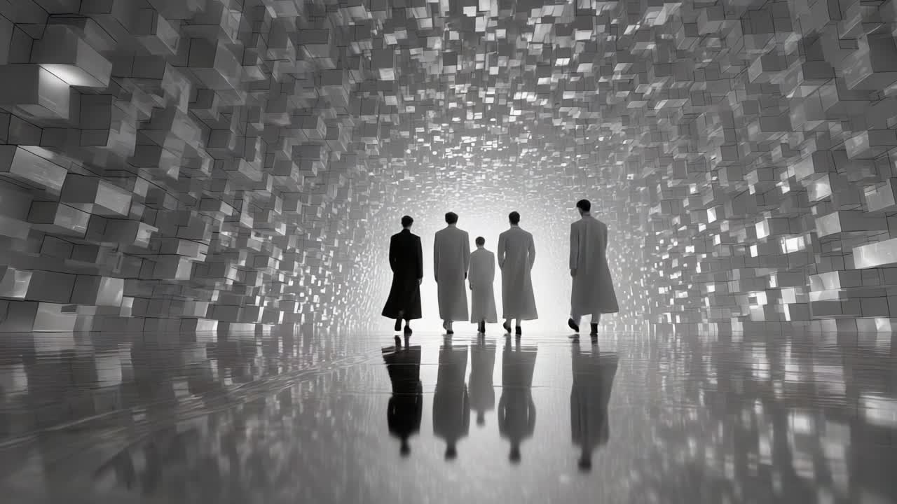 A Mysterious Journey Through a Surreal Tunnel – Figures in Distinctive Attire Progress Forward, Their Shadows Reflected on a Polished Floor, Surrounded by Geometric Light and Shadow Patterns