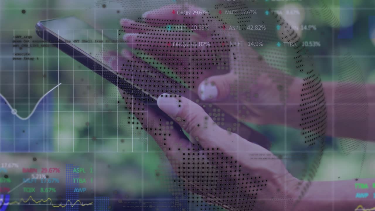 Mature woman's hands tapping tablet screen and driving map overlay morphing charts for data insight