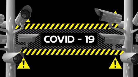 Wort-„Covid-19“-Auf-Warnband-Geschrieben,-Mit-Kameras,-Die-Auf-Schwarzem-Hintergrund-Aufzeichnen.