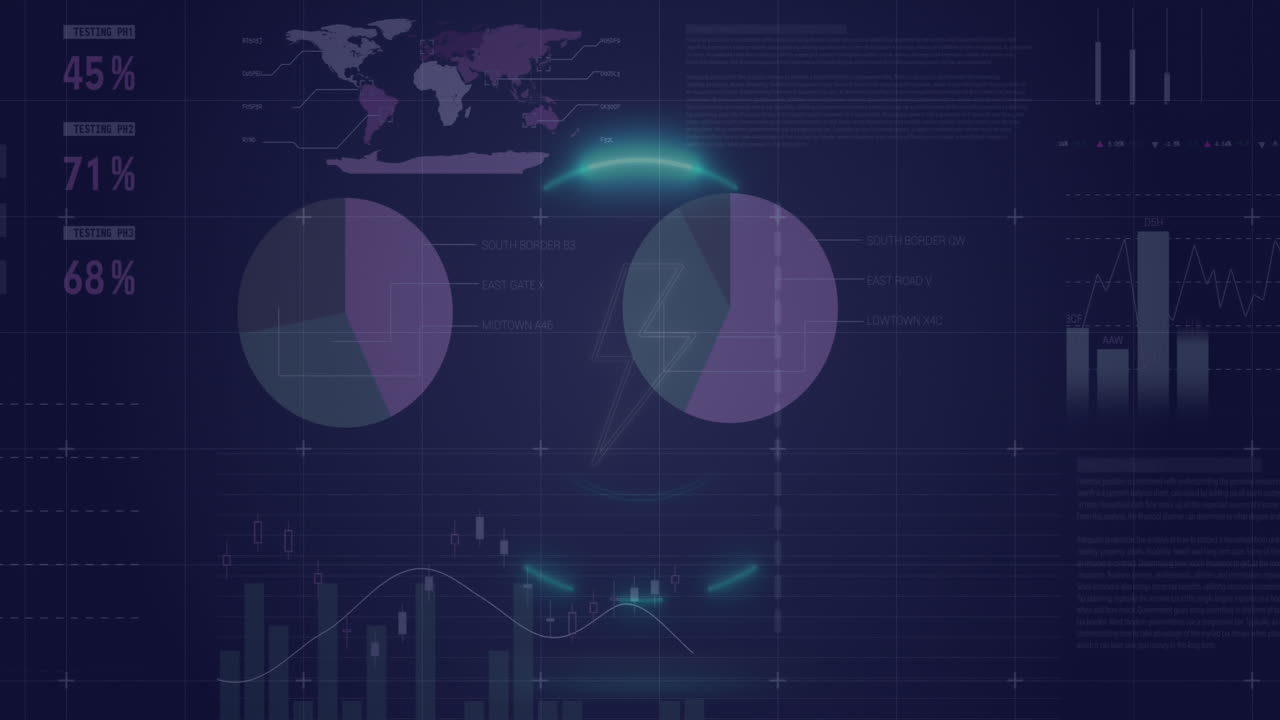 animación del icono del trueno en círculos sobre la interfaz infográfica contra un fondo negro