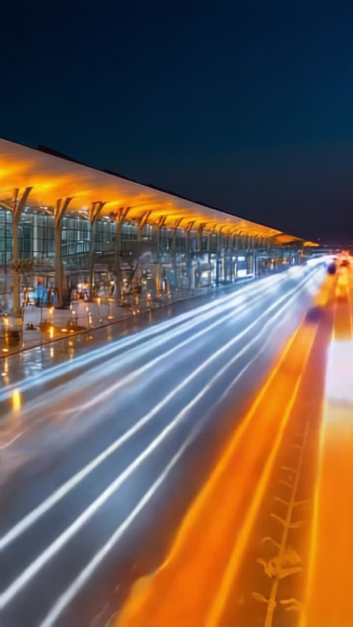 Terminal aeroportuale illuminato al tramonto con scie luminose dinamiche di veicoli in movimento che creano un'atmosfera vibrante di viaggio e movimento.