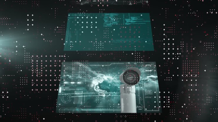 Animation of screens with data processing on black background