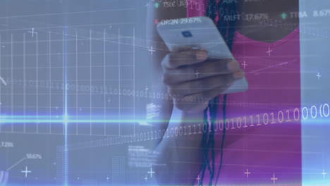 animation of financial data processing and binary coding over biracial woman using smartphone