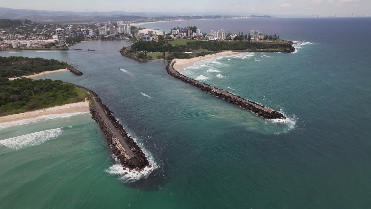 Tweed River With Seawall And Duranbah Beach In NSW, Australia - Aerial Shot
