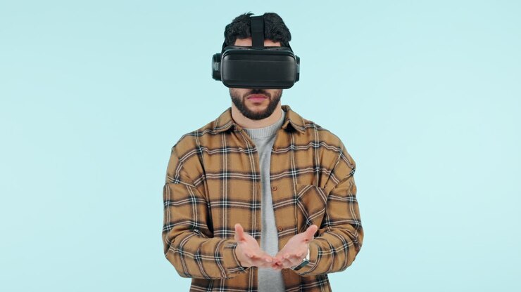 VR, gioco e uomo con le mani per UI
