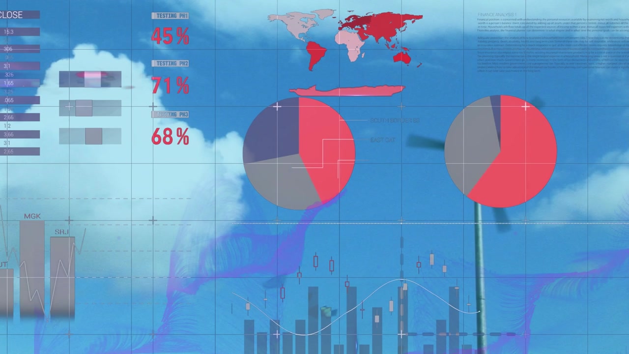 Animation of digital infographic interface moving over windmill against cloudy sky