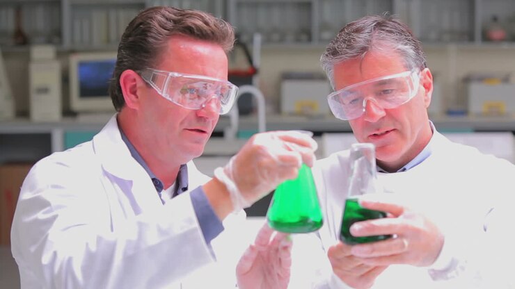 Two chemists experimenting with the green liquid in beakers