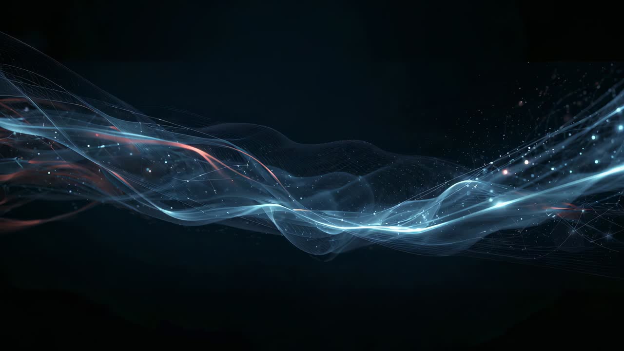 Shifting blue ribbon across dark void, rising red crest causing overlap with sparks, forming weave