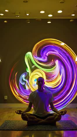 person meditating with colorful light projection