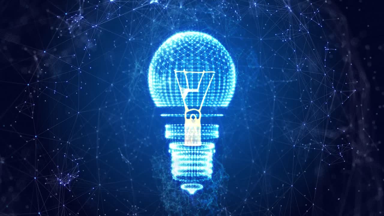 Animation einer sich drehenden Glühbirne mit einem Verbindungsnetzwerk auf blauem Hintergrund.