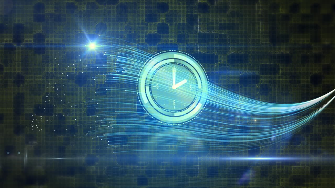 Animation of moving clock over blue and yellow shapes on black background