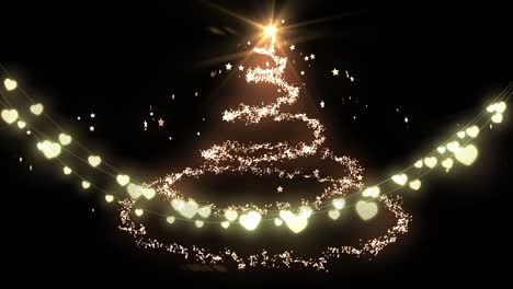 animation of glowing strings of fairy lights, glittering christmas tree and stars