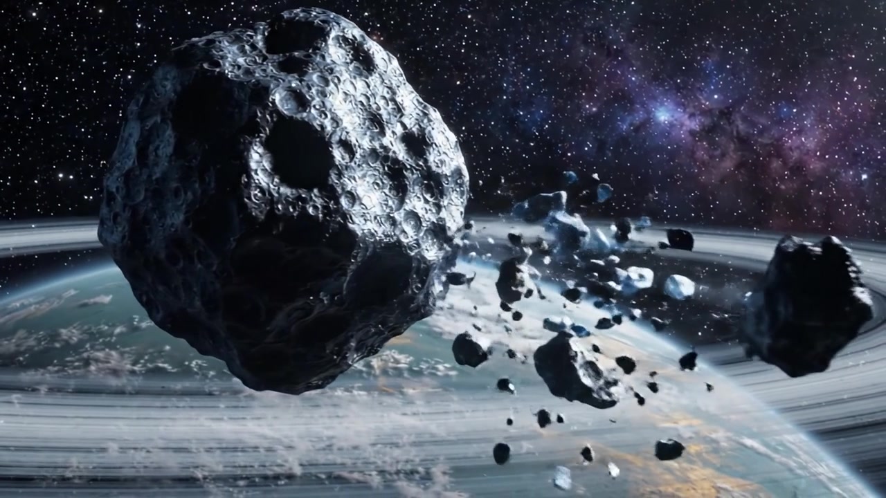 Asteroidi ohittaa rengasplaneetan kosmisessa maisemassa, joka on täynnä tähtiä ja galakseja – Matka avaruuden ihmeiden läpi