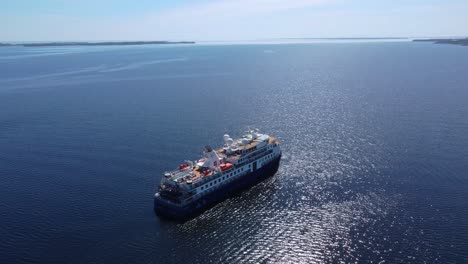 aerial view of cruise ship in open water on a blue sky day
