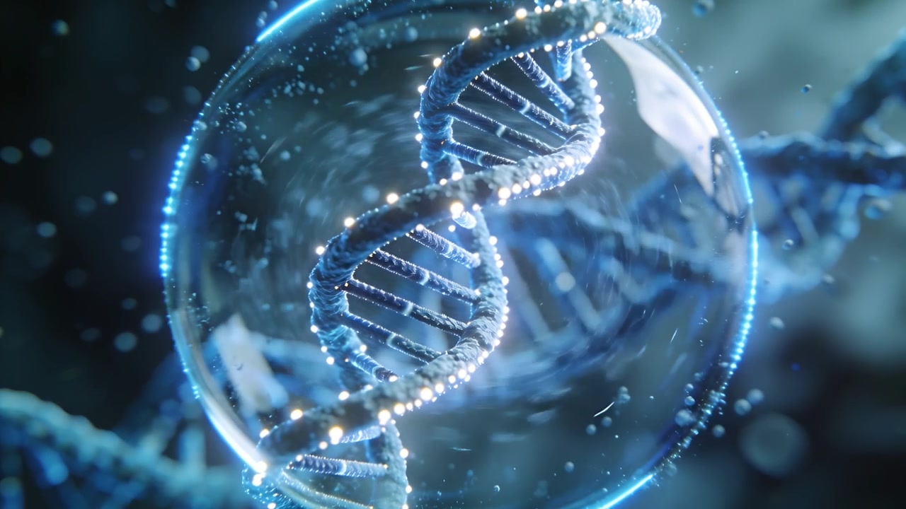 La telecamera ruota attirando un'elica di DNA luminosa verso l'interno di una bolla sferica, rivelando altre eliche.