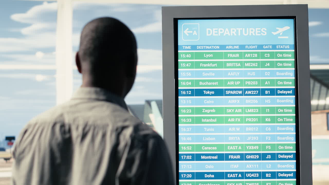 Información de vuelos en pantalla de panel, terminal de aeropuerto, con sala de embarque