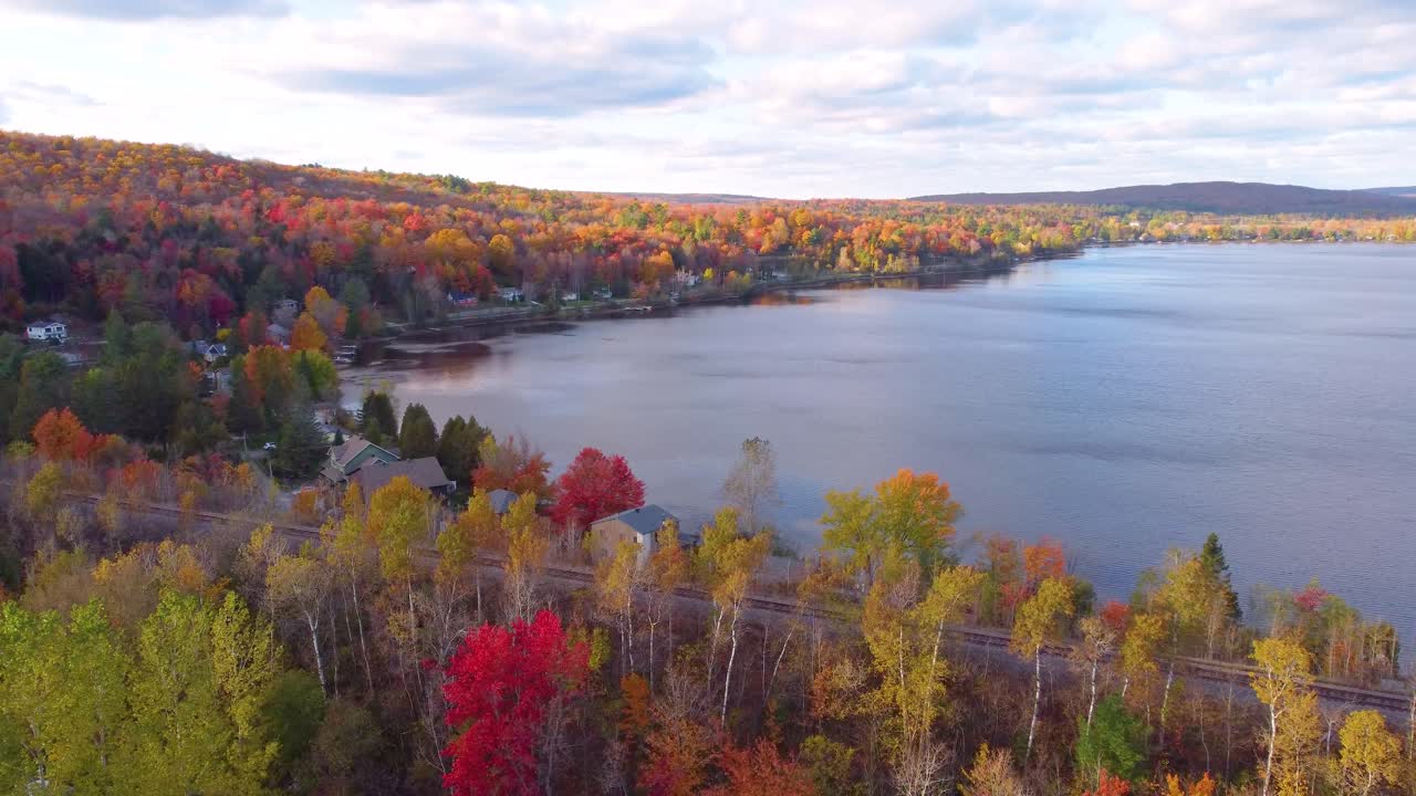 Colorful autumn landscape in Estrie, Québec with vibrant trees by a calm lake