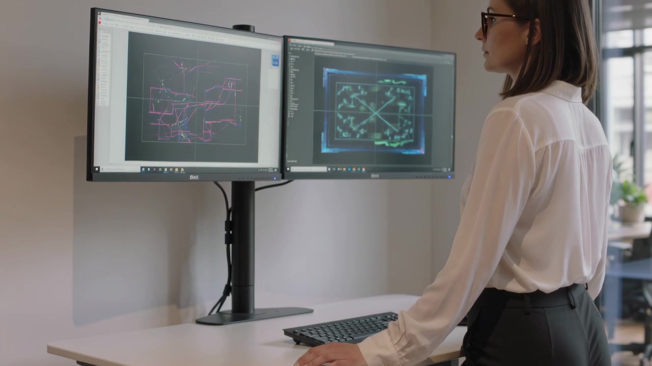 Seeing right highlight, woman in blouse turning and studying monitors at standing desk, copy space