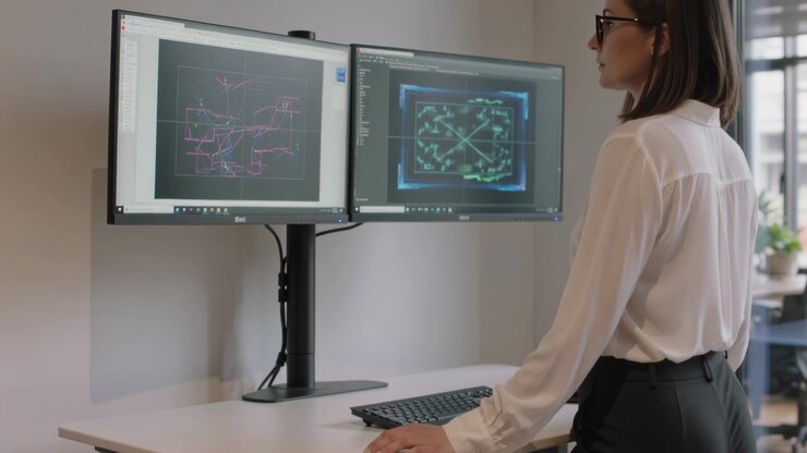 Seeing right highlight, woman in blouse turning and studying monitors at standing desk, copy space