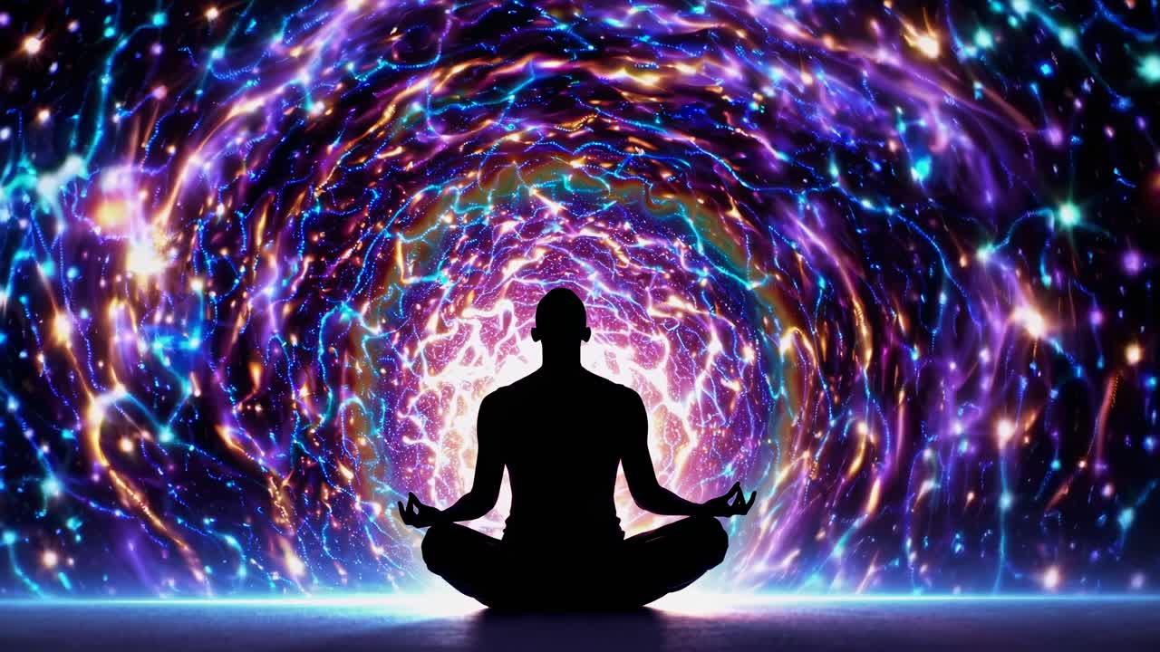 Silhouette di una persona che medita di fronte a un portale cosmico turbinante