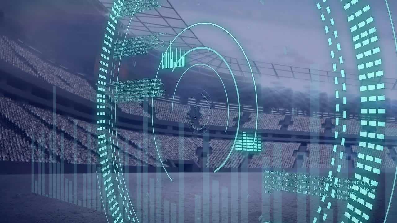 Animation of scope scanning and data processing over sports stadium