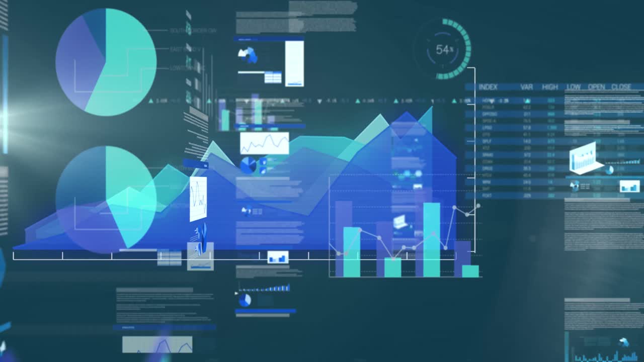animación del procesamiento de datos financieros sobre un fondo oscuro