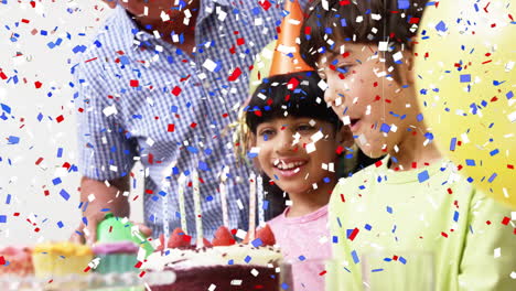 animación de confeti sobre niños celebrando su cumpleaños con pastel y velas