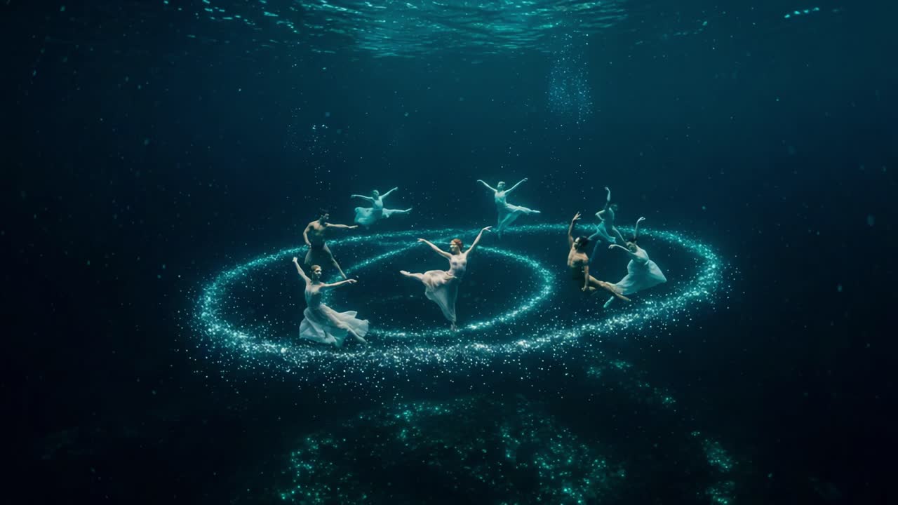 A Captivating Underwater Dance Performance Featuring Ethereal Dancers Gliding Gracefully Within Sparkling Circles of Bubbles and Light Beneath the Surface