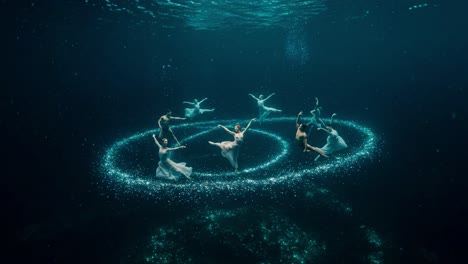 a captivating underwater dance performance featuring ethereal dancers gliding gracefully within sparkling circles of bubbles and light beneath the surface