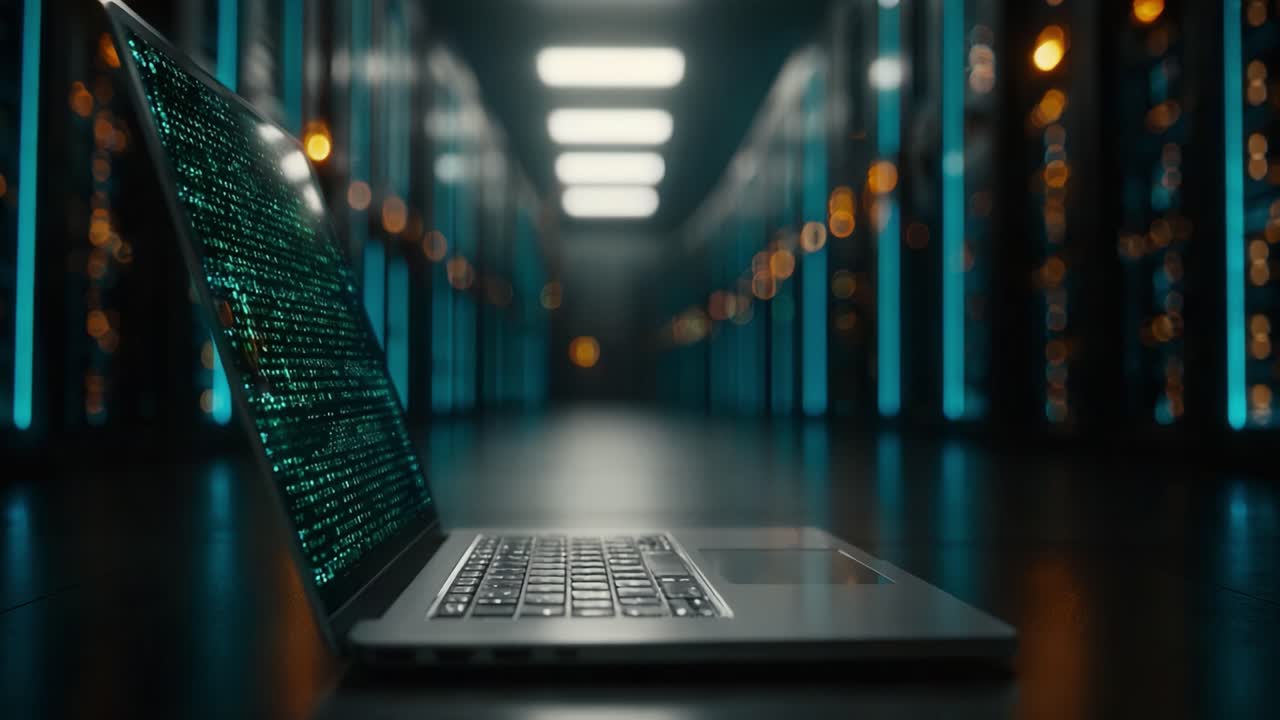 En elegant bærbar computer sidder i et stort datacenter fyldt med lysende serverracks, der viser en fængslende visning af grøn digital kode mod en baggrund af klare lys.