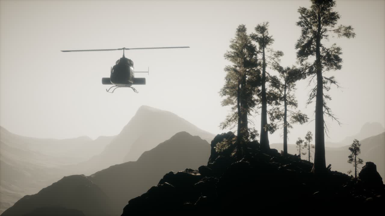 산악 숲 근처 에 극단적 인 느린 움직임 비행 헬리 ⁇ 터