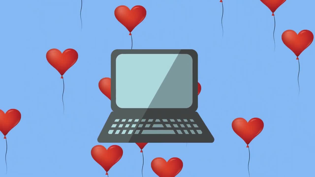 하늘 파란색 배경에 노트북과 상승하는 심장 풍선의 애니메이션