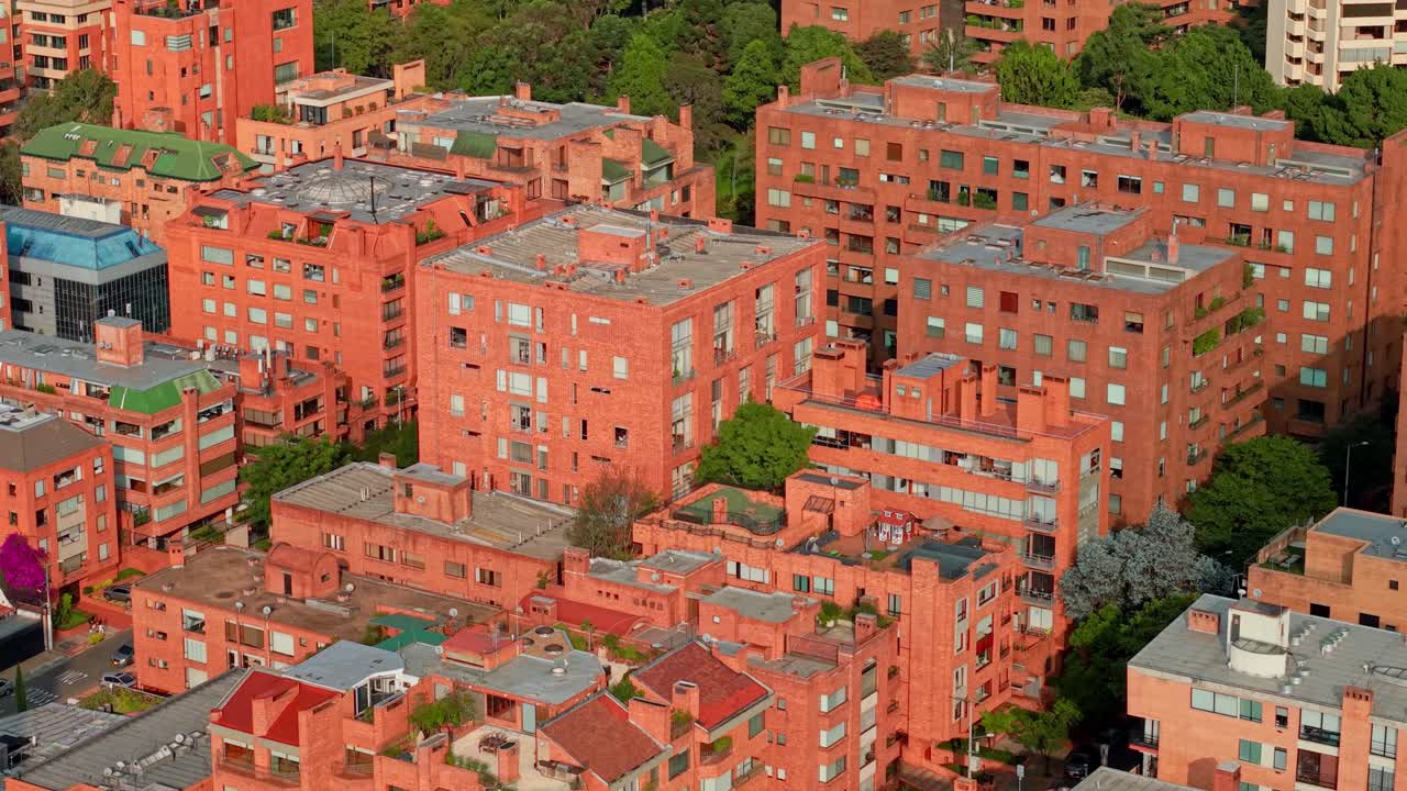 Flyover establishing of high status residential buildings in the city of Bogota, Colombia. Contemporary architecture with clay bricks