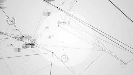 digital animation of network of connections over round banner with copy space on grey background