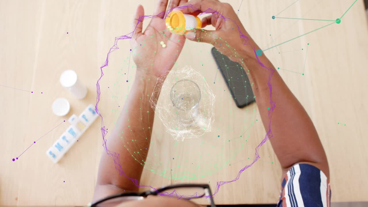 Senior woman using organizer opening bottle and pouring meds to take, overlay shifting around hands