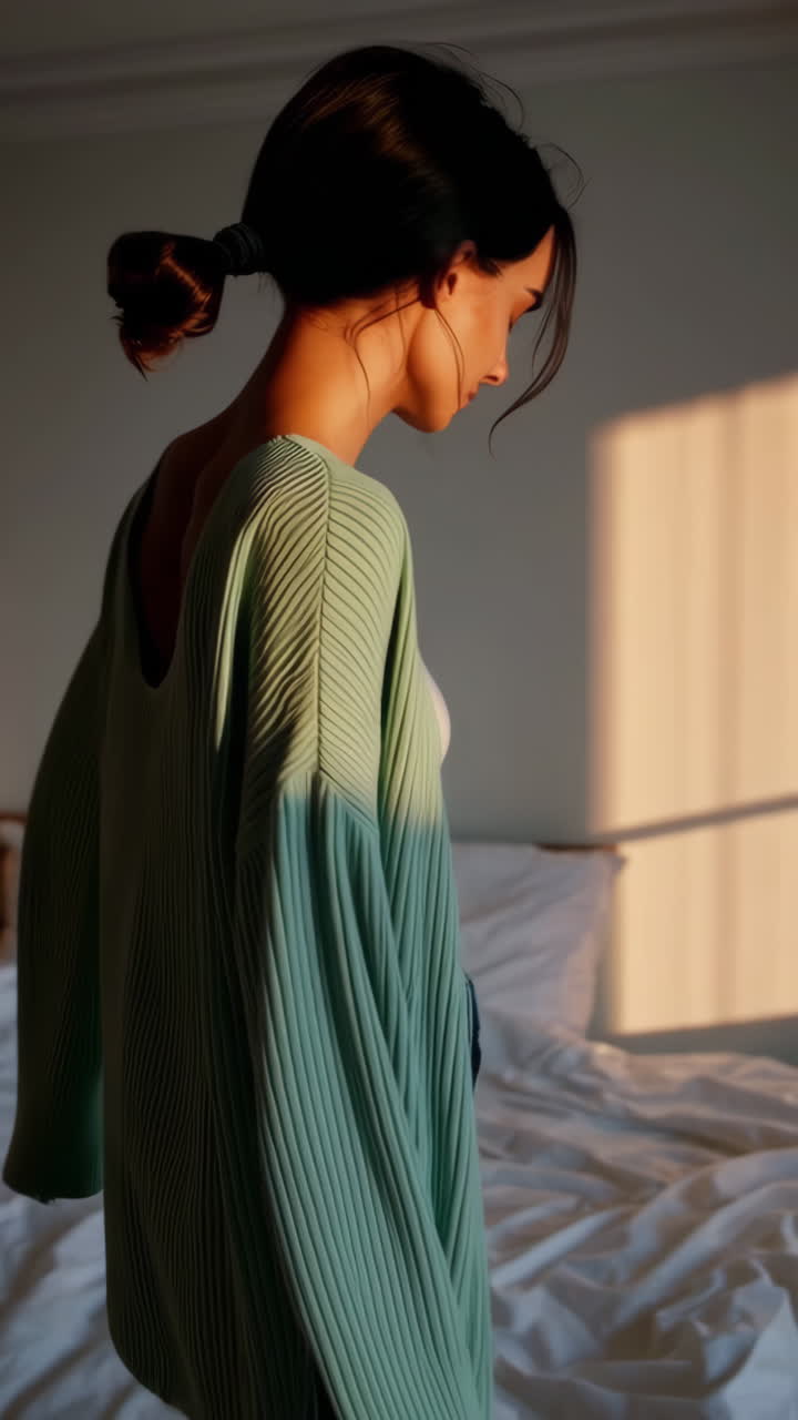 Woman in a light green cardigan and white tank top in a bedroom