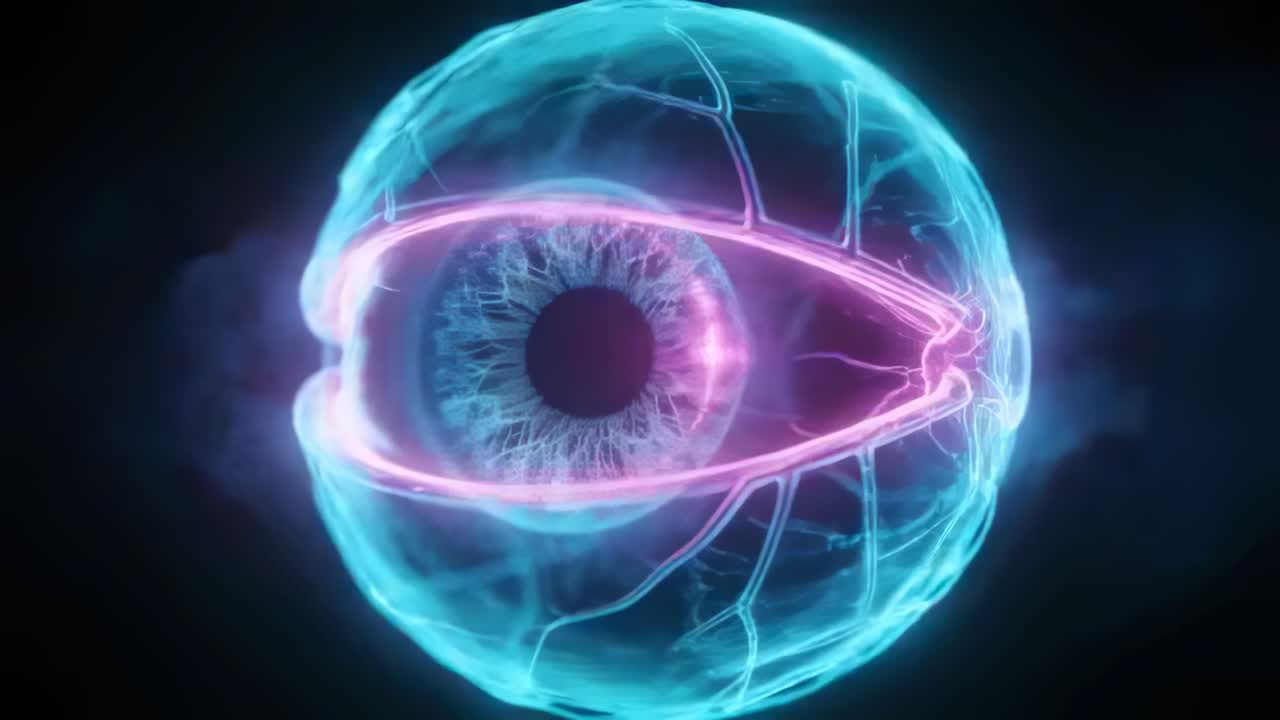 Banda magenta pulsante causando que un orbe cian central abra una costura derecha en el vacío, revelando un nodo migratorio