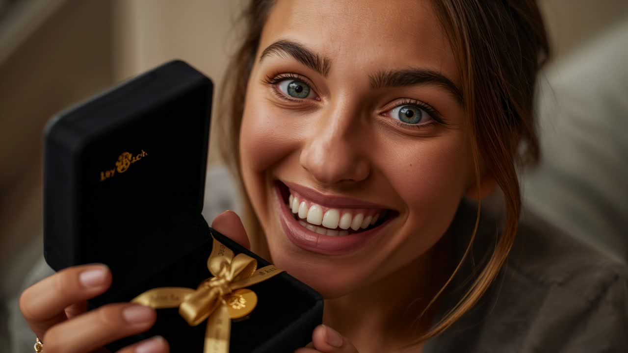 Presentación de una mujer en casa sonriendo a la cámara, riendo y acunando un joyero negro lacrado en oro