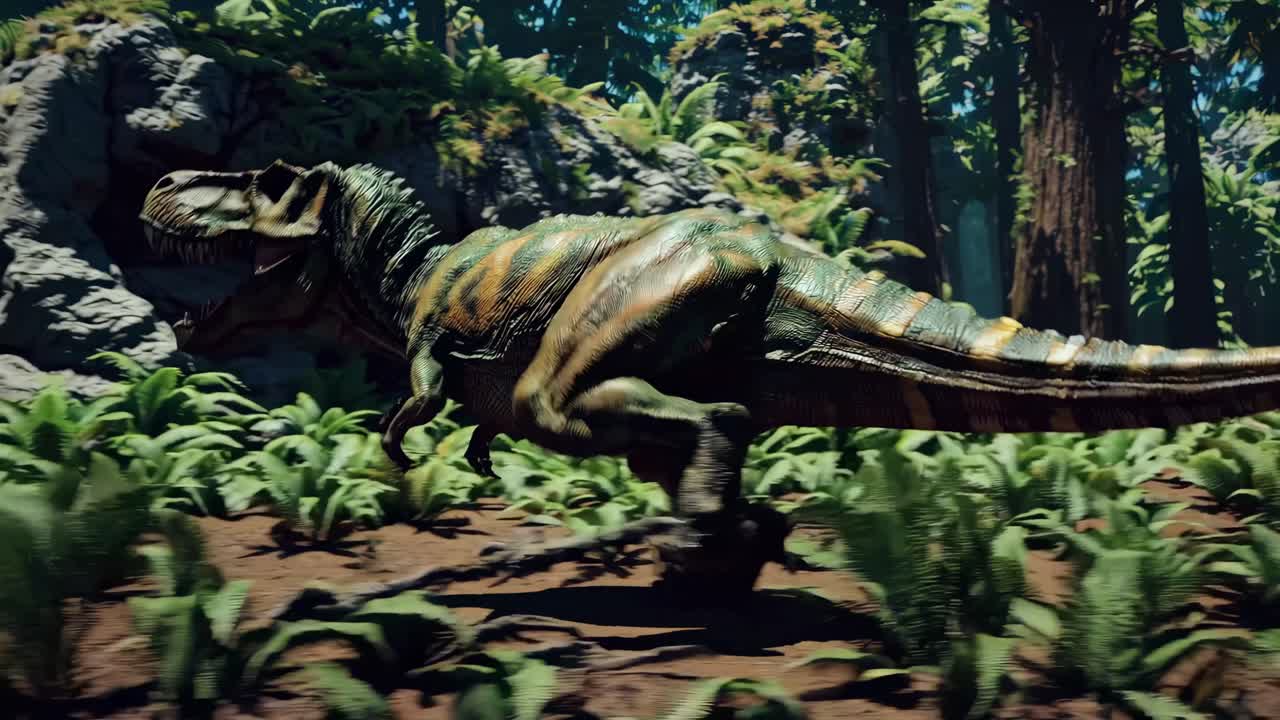 A realistic video of a dinosaur moving through a dense forest, showcasing detailed animation