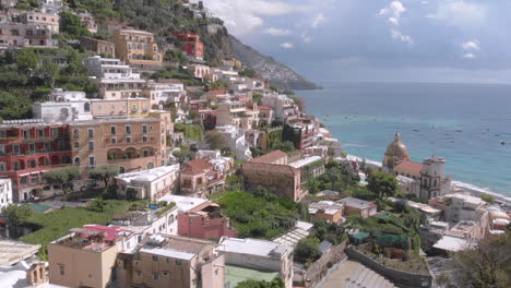 drone shot over the inner part of positano on a nice day